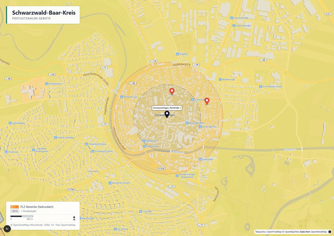 Mindestabstand-Check auf der Karte: Referenzpunkt mit zwei Radius-Ringen (Schule 500 m, Kindergarten 300 m) und den gefundenen Einrichtungen in Donaueschingen