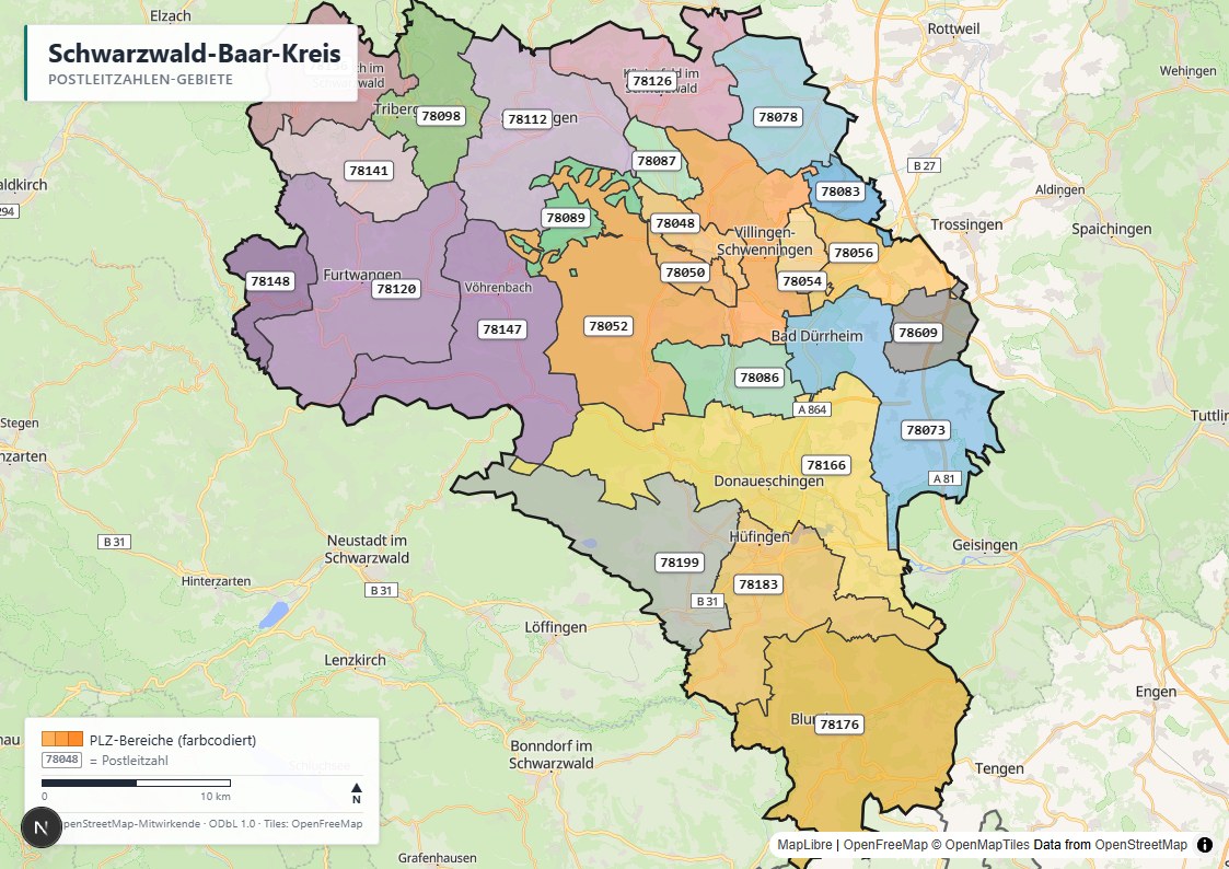 Beispiel einer erstellten PLZ-Karte: Schwarzwald-Baar-Kreis mit farbcodierten Postleitzahlen-Gebieten, Titel, Legende und Maßstab